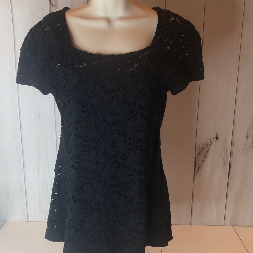 INC International Concepts Black Lace Short Sleeve lined  topSquare neck Small